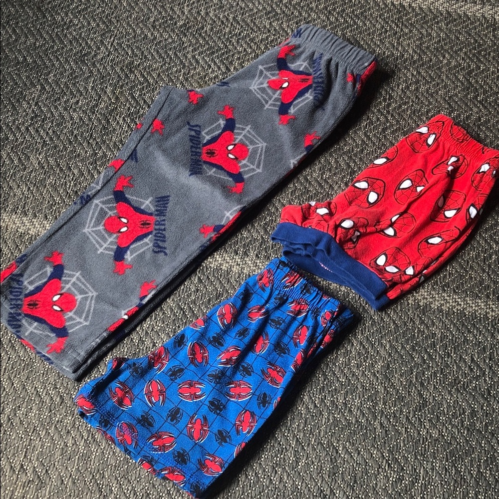 Kids Spider-Man 3 piece Red & Blue Pajama Pants and shorts bottom bundle